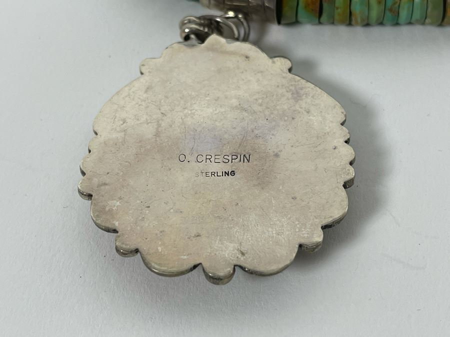 Orlando Crespin Sterling Silver Turquoise Pendant Turquoise Beaded 21' Necklace Signed O. Crespin 130g [Photo 17]