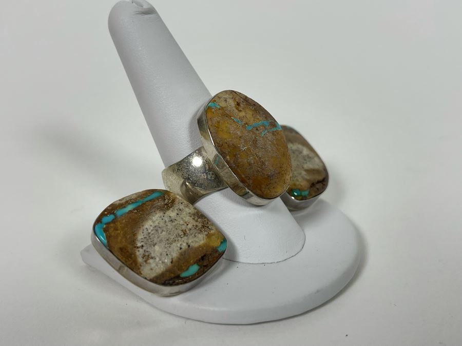 Vintage Mike Smith Native American Navajo Sterling Silver Brown Turquoise Jewelry Set Includes Necklace, Size 10 Ring, Earrings And 8.5L Bracelet 127g [Photo 20]