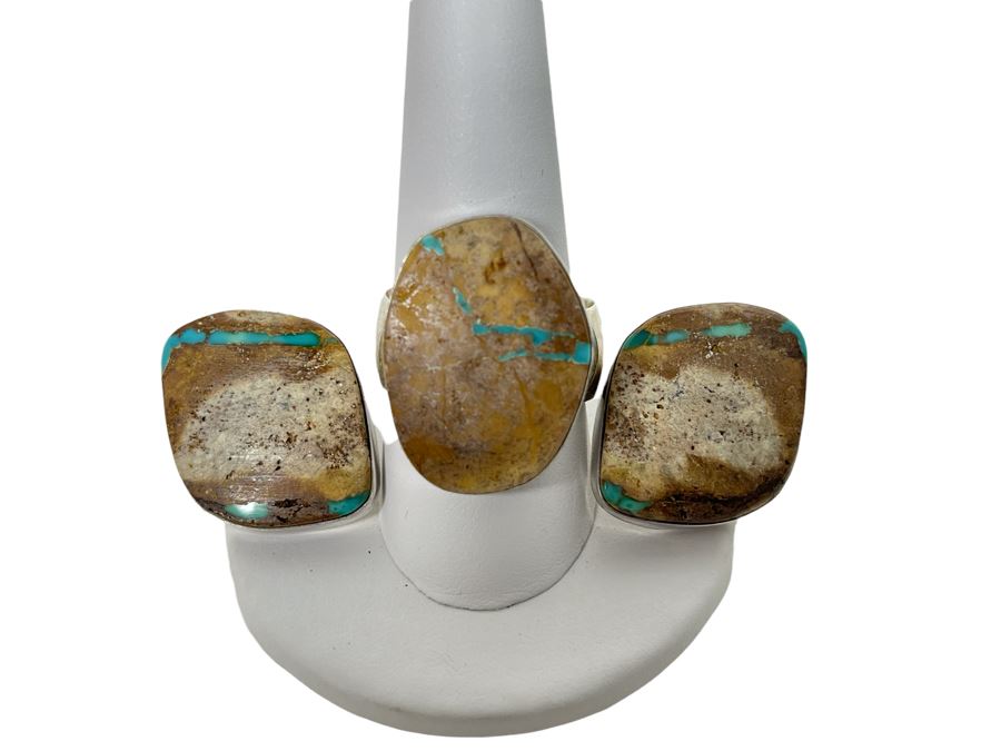 Vintage Mike Smith Native American Navajo Sterling Silver Brown Turquoise Jewelry Set Includes Necklace, Size 10 Ring, Earrings And 8.5L Bracelet 127g [Photo 3]