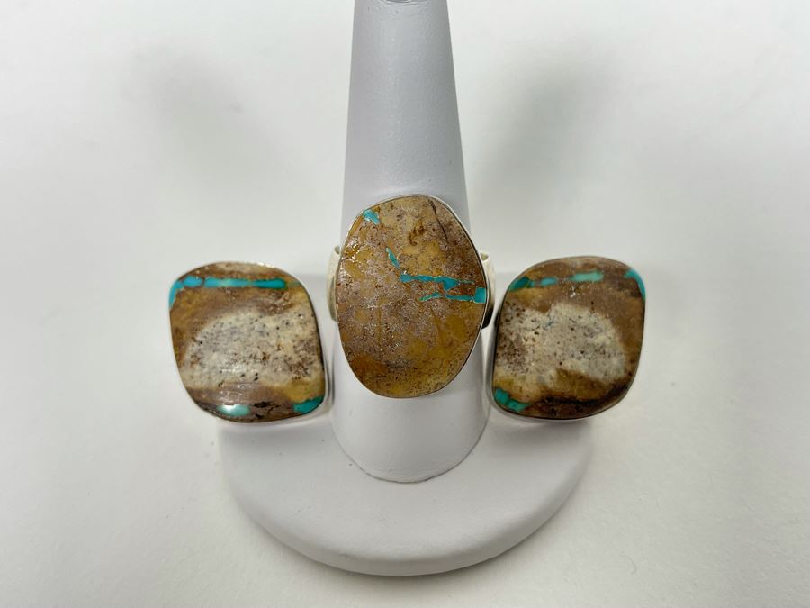 Vintage Mike Smith Native American Navajo Sterling Silver Brown Turquoise Jewelry Set Includes Necklace, Size 10 Ring, Earrings And 8.5L Bracelet 127g [Photo 19]