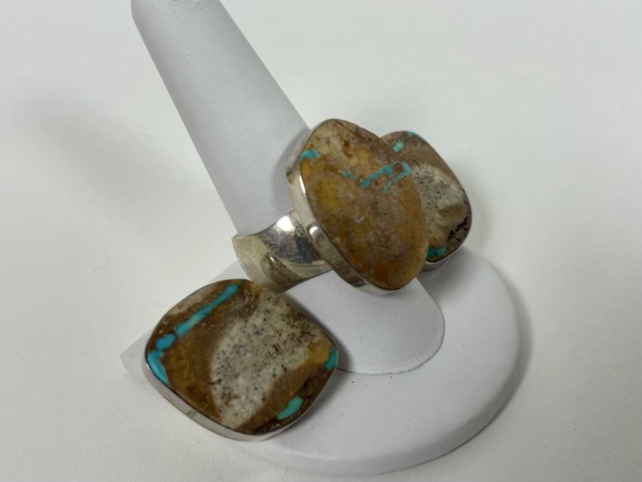 Vintage Mike Smith Native American Navajo Sterling Silver Brown Turquoise Jewelry Set Includes Necklace, Size 10 Ring, Earrings And 8.5L Bracelet 127g [Photo 21]