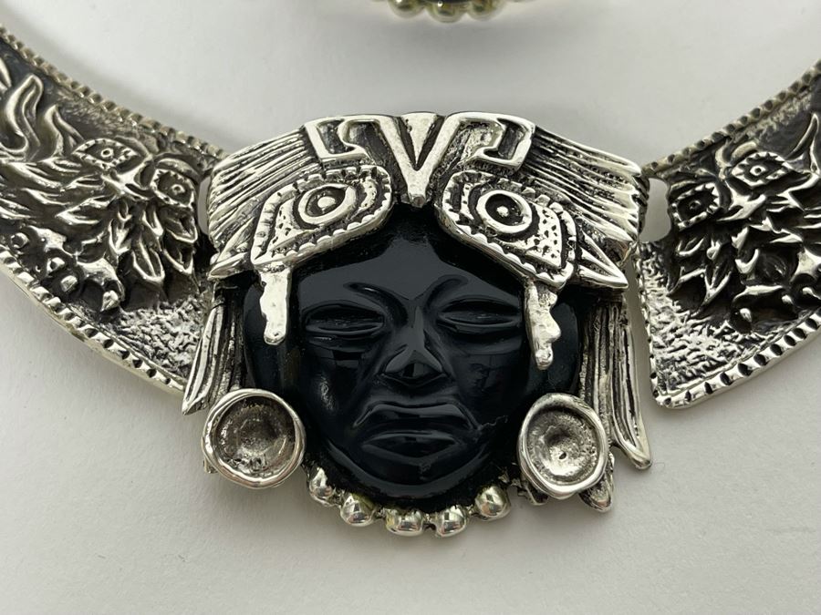 Sterling Silver And Carved Onyx 14' Necklace And 6' Bracelet From Mexico 173.1g [Photo 4]