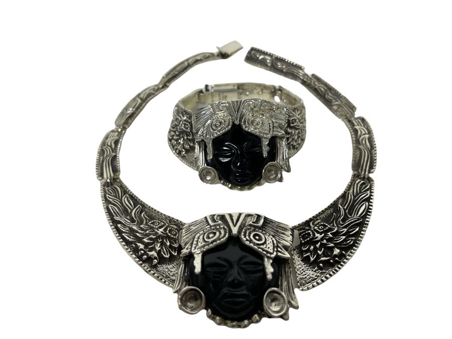Sterling Silver And Carved Onyx 14' Necklace And 6' Bracelet From Mexico 173.1g [Photo 1]