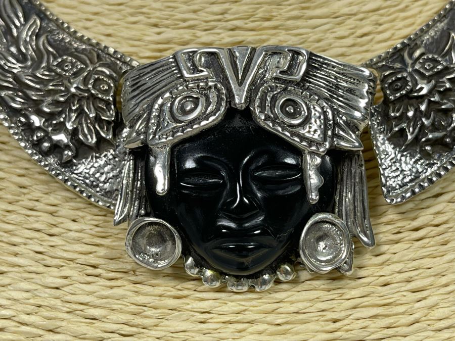 Sterling Silver And Carved Onyx 14' Necklace And 6' Bracelet From Mexico 173.1g [Photo 20]