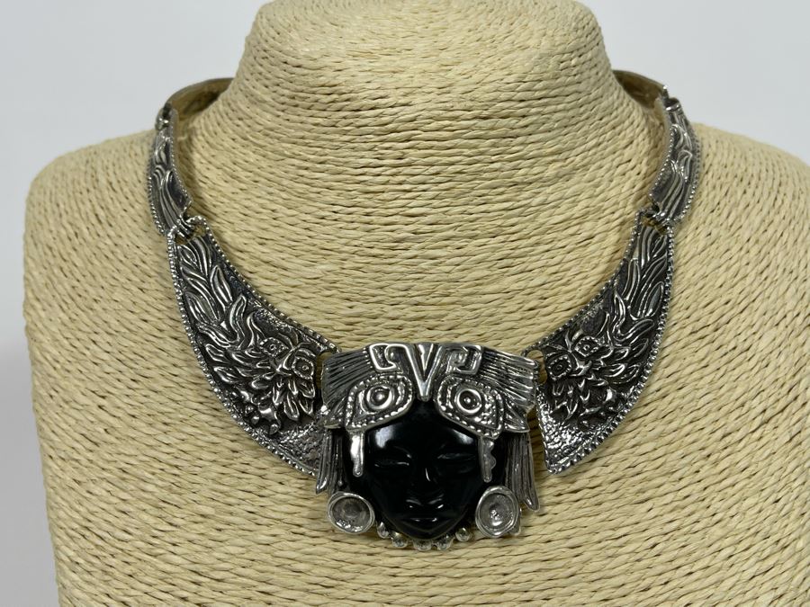 Sterling Silver And Carved Onyx 14' Necklace And 6' Bracelet From Mexico 173.1g [Photo 17]