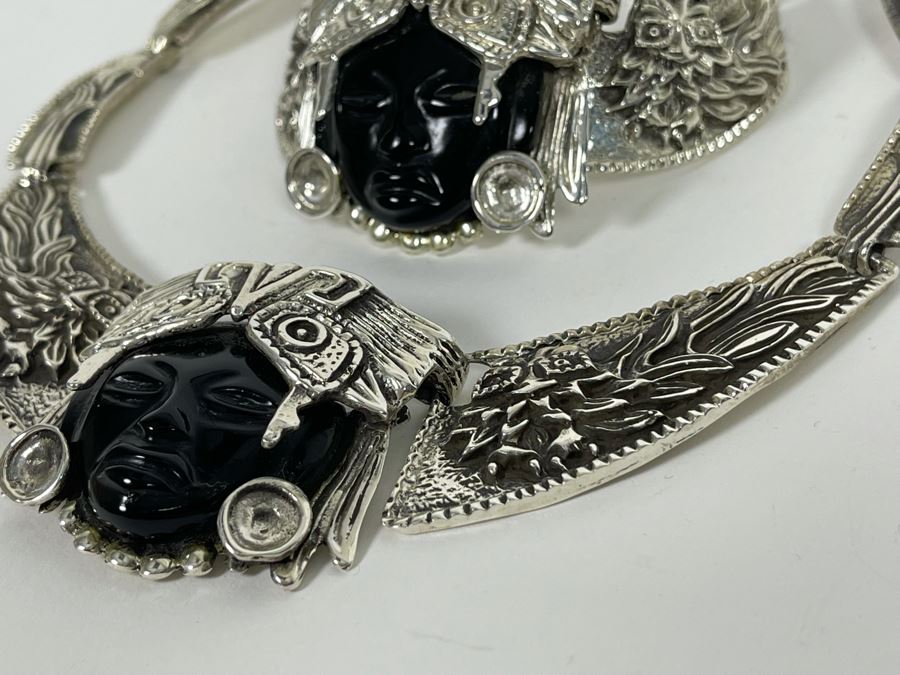 Sterling Silver And Carved Onyx 14' Necklace And 6' Bracelet From Mexico 173.1g [Photo 9]