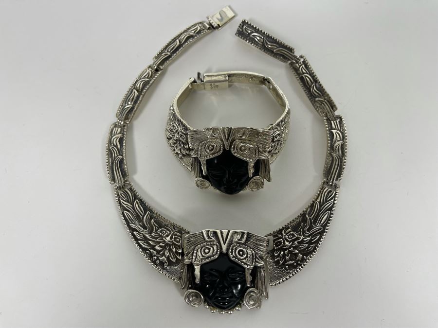 Sterling Silver And Carved Onyx 14' Necklace And 6' Bracelet From Mexico 173.1g [Photo 2]