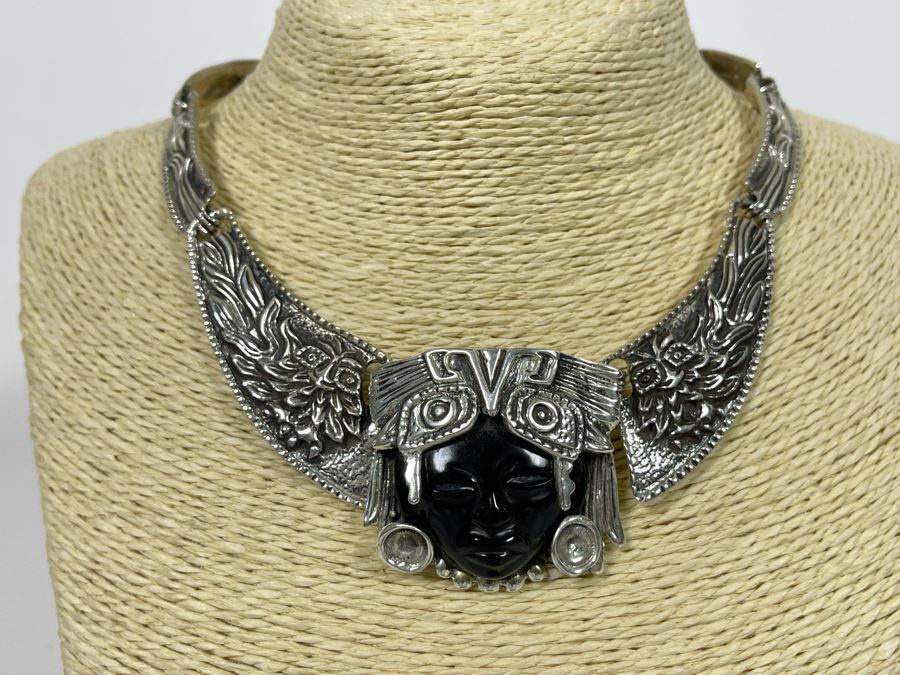 Sterling Silver And Carved Onyx 14' Necklace And 6' Bracelet From Mexico 173.1g [Photo 18]