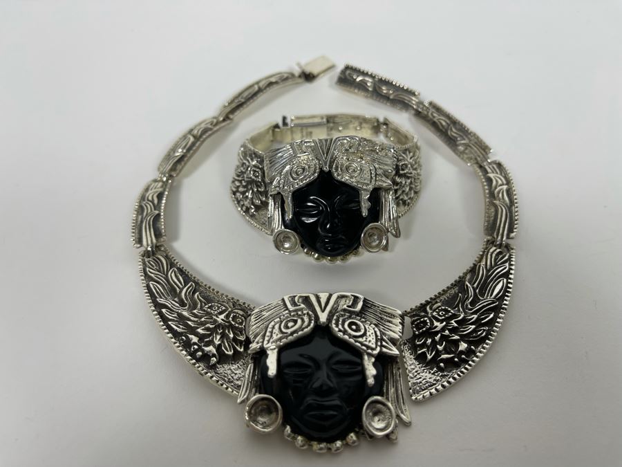 Sterling Silver And Carved Onyx 14' Necklace And 6' Bracelet From Mexico 173.1g [Photo 3]