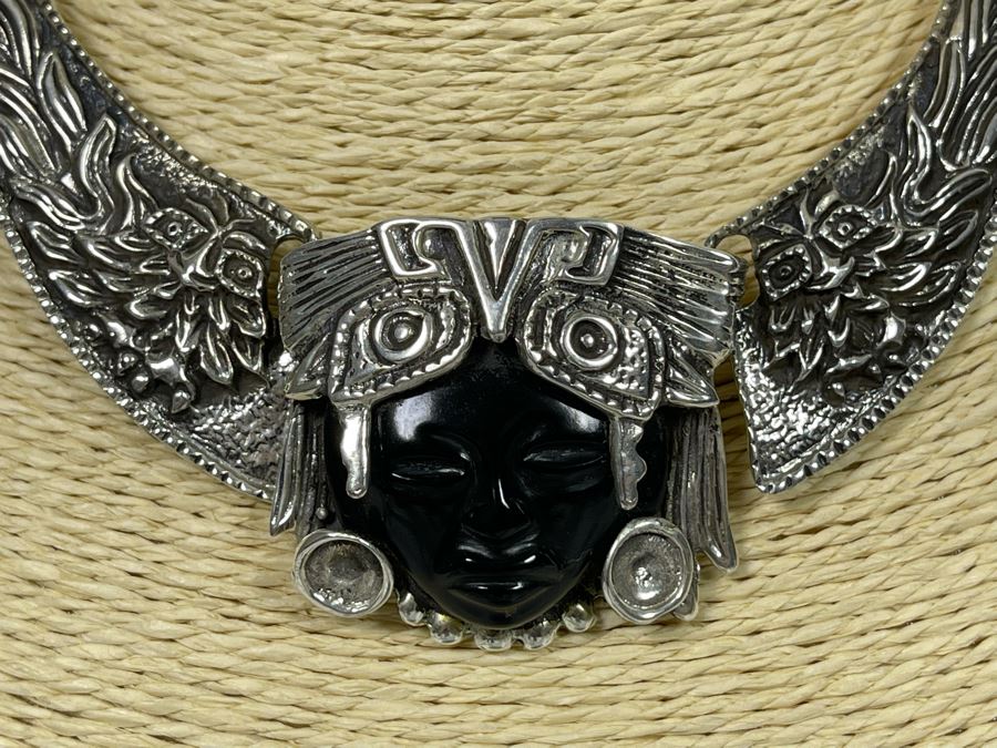 Sterling Silver And Carved Onyx 14' Necklace And 6' Bracelet From Mexico 173.1g [Photo 19]