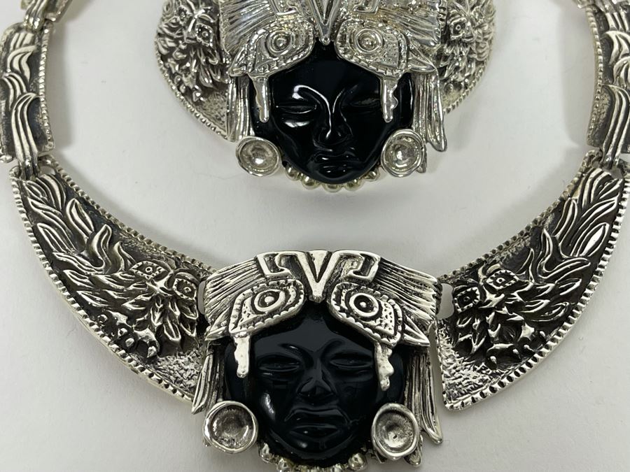 Sterling Silver And Carved Onyx 14' Necklace And 6' Bracelet From Mexico 173.1g [Photo 5]