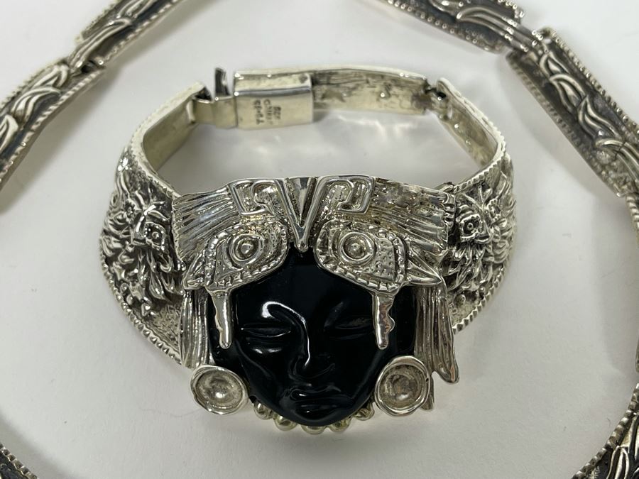 Sterling Silver And Carved Onyx 14' Necklace And 6' Bracelet From Mexico 173.1g [Photo 6]