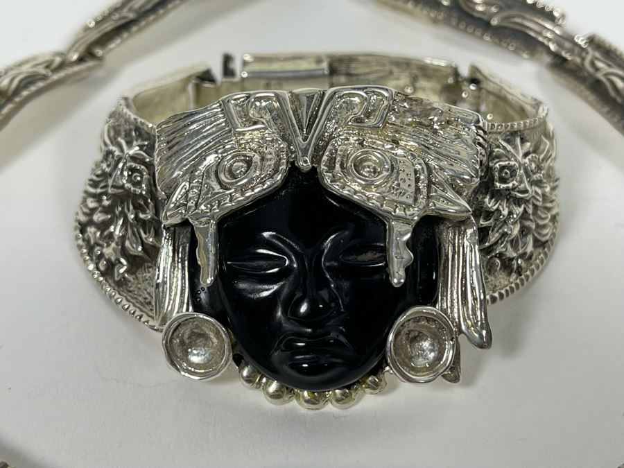 Sterling Silver And Carved Onyx 14' Necklace And 6' Bracelet From Mexico 173.1g [Photo 7]