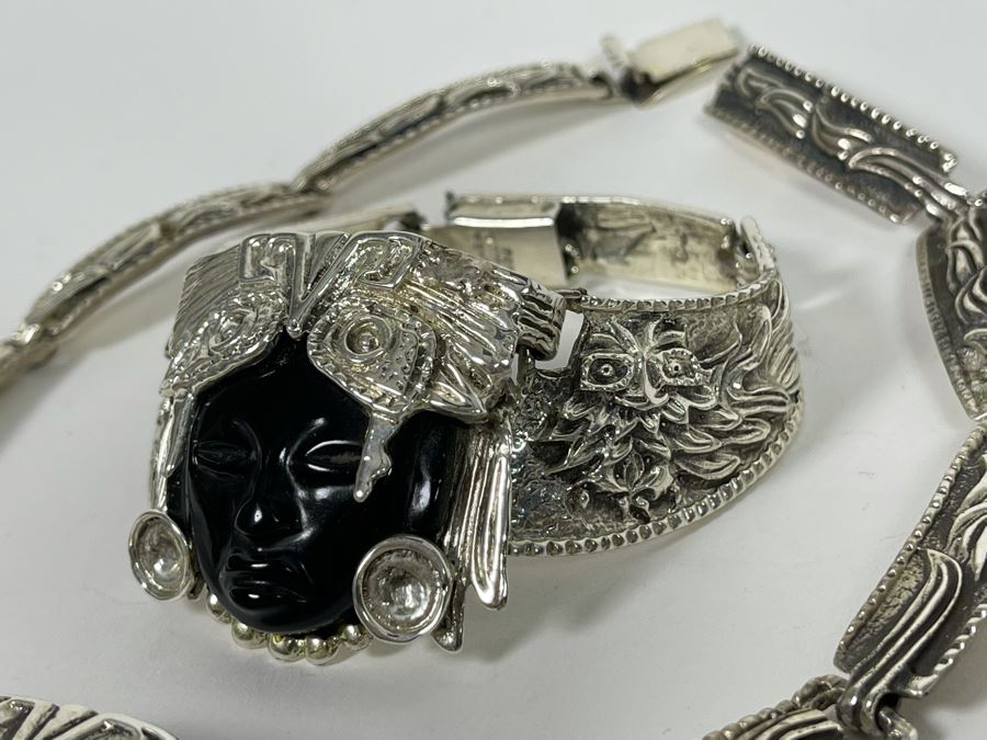 Sterling Silver And Carved Onyx 14' Necklace And 6' Bracelet From Mexico 173.1g [Photo 8]