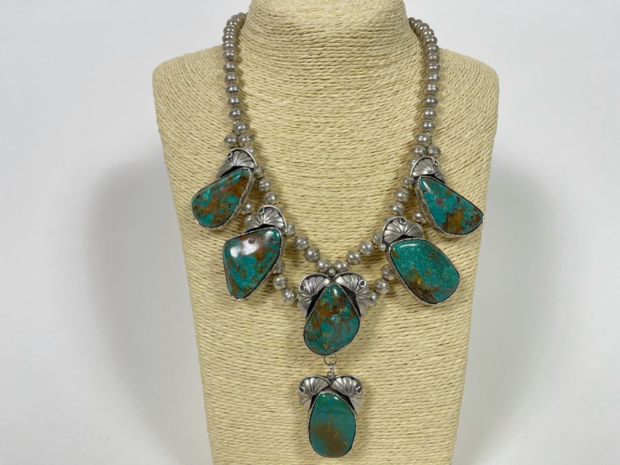 Vintage Native American Sterling Silver Turquoise 20' Necklace, 2.5W Cuff Bracelet, Ring And Matching Earrings Signed RD 201g Total Weight [Photo 30]