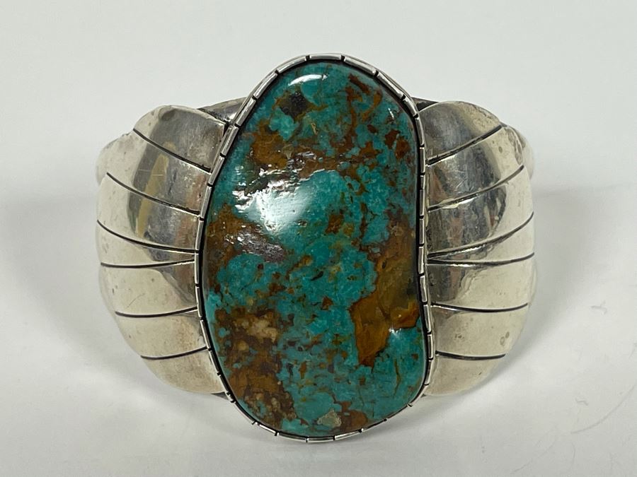 Vintage Native American Sterling Silver Turquoise 20' Necklace, 2.5W Cuff Bracelet, Ring And Matching Earrings Signed RD 201g Total Weight [Photo 16]