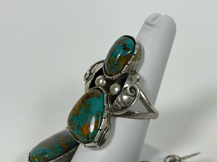 Vintage Native American Sterling Silver Turquoise 20' Necklace, 2.5W Cuff Bracelet, Ring And Matching Earrings Signed RD 201g Total Weight [Photo 6]