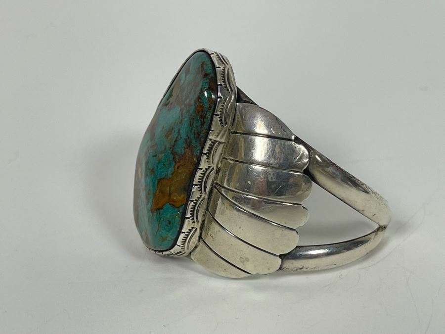 Vintage Native American Sterling Silver Turquoise 20' Necklace, 2.5W Cuff Bracelet, Ring And Matching Earrings Signed RD 201g Total Weight [Photo 20]