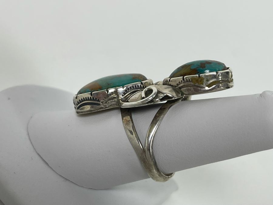 Vintage Native American Sterling Silver Turquoise 20' Necklace, 2.5W Cuff Bracelet, Ring And Matching Earrings Signed RD 201g Total Weight [Photo 9]