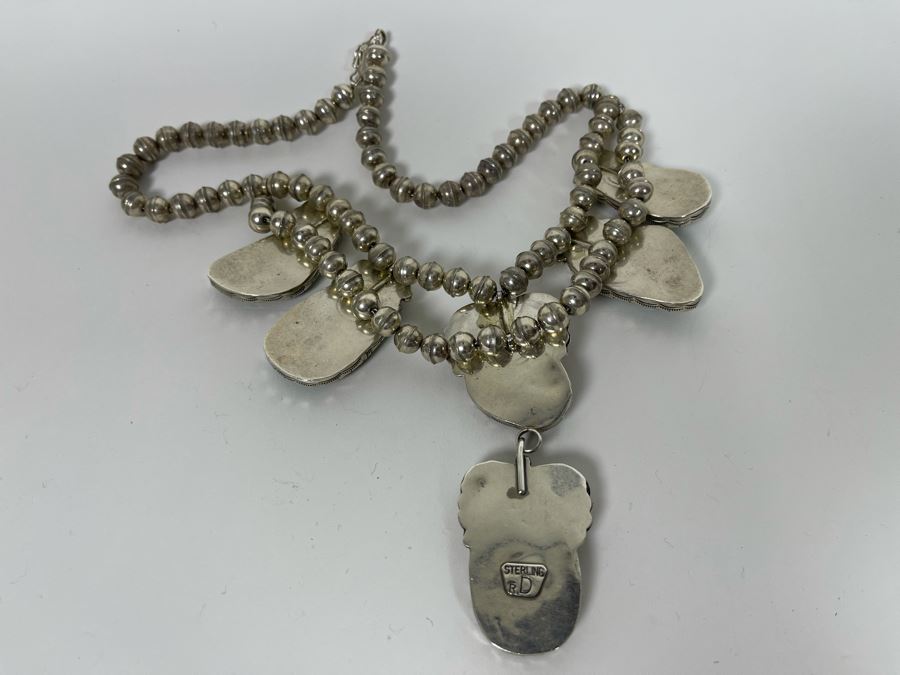 Vintage Native American Sterling Silver Turquoise 20' Necklace, 2.5W Cuff Bracelet, Ring And Matching Earrings Signed RD 201g Total Weight [Photo 38]