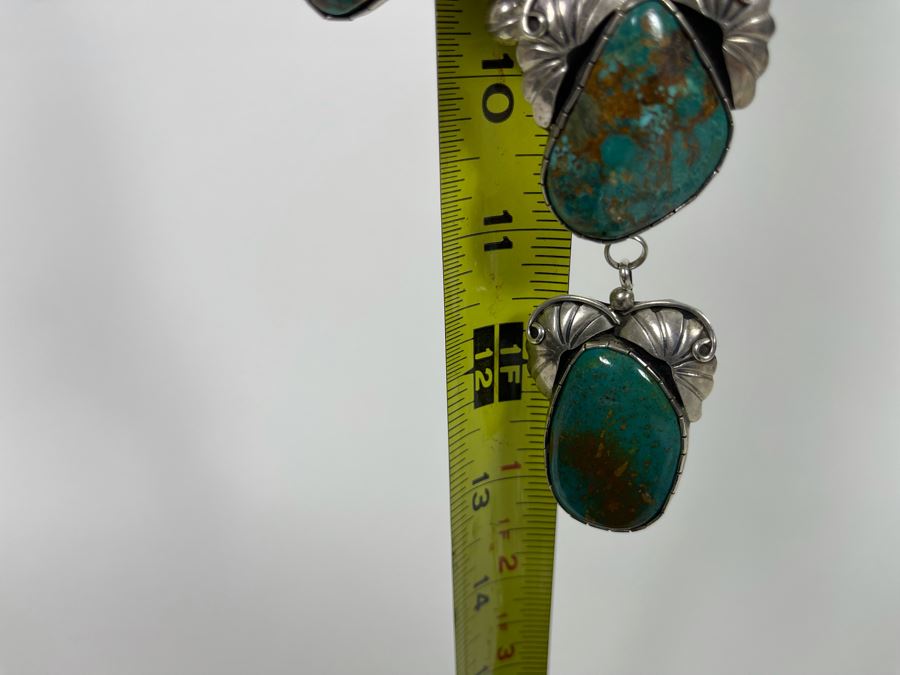 Vintage Native American Sterling Silver Turquoise 20' Necklace, 2.5W Cuff Bracelet, Ring And Matching Earrings Signed RD 201g Total Weight [Photo 41]