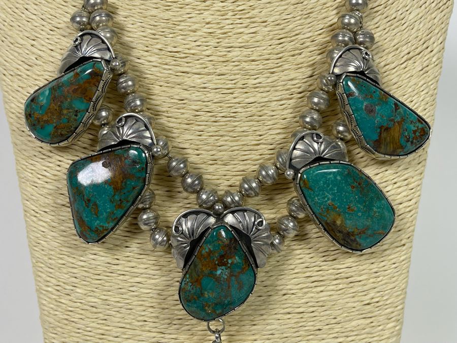 Vintage Native American Sterling Silver Turquoise 20' Necklace, 2.5W Cuff Bracelet, Ring And Matching Earrings Signed RD 201g Total Weight [Photo 31]