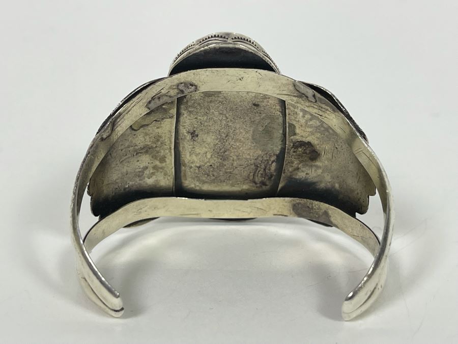 Vintage Native American Sterling Silver Turquoise 20' Necklace, 2.5W Cuff Bracelet, Ring And Matching Earrings Signed RD 201g Total Weight [Photo 21]