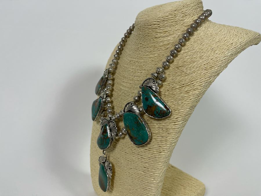 Vintage Native American Sterling Silver Turquoise 20' Necklace, 2.5W Cuff Bracelet, Ring And Matching Earrings Signed RD 201g Total Weight [Photo 36]