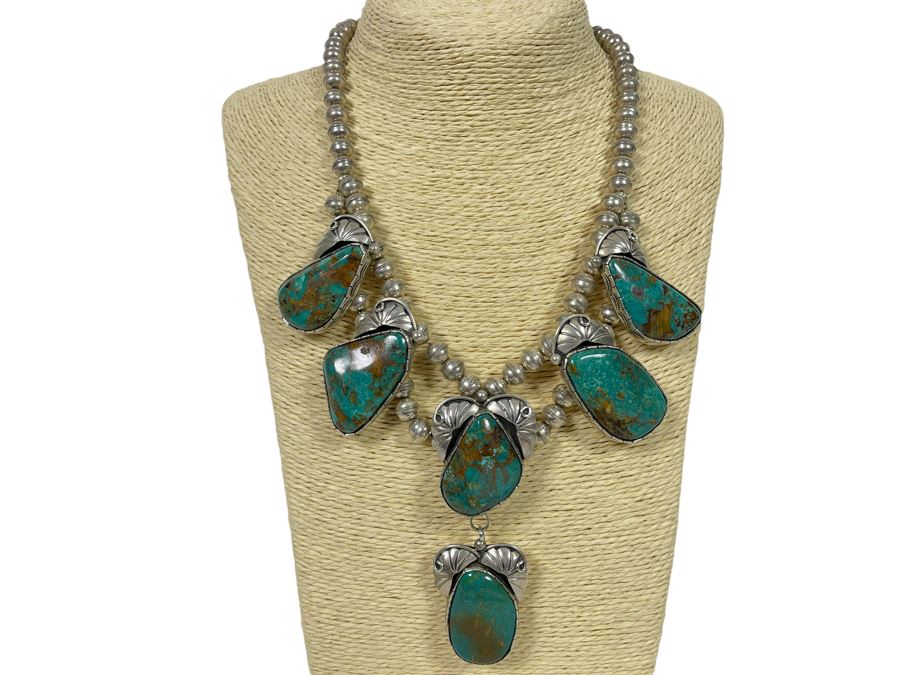 Vintage Native American Sterling Silver Turquoise 20' Necklace, 2.5W Cuff Bracelet, Ring And Matching Earrings Signed RD 201g Total Weight [Photo 26]