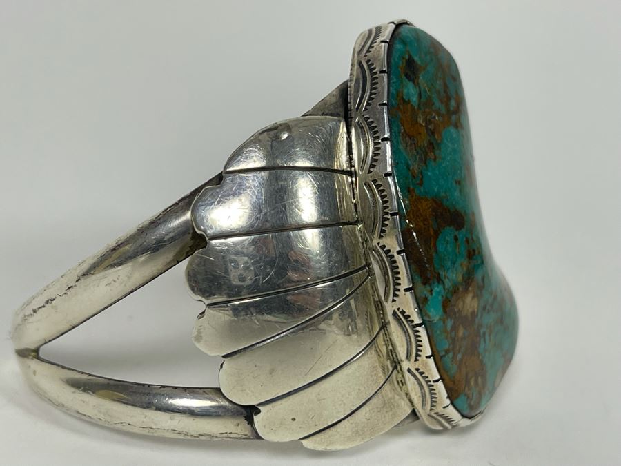 Vintage Native American Sterling Silver Turquoise 20' Necklace, 2.5W Cuff Bracelet, Ring And Matching Earrings Signed RD 201g Total Weight [Photo 23]
