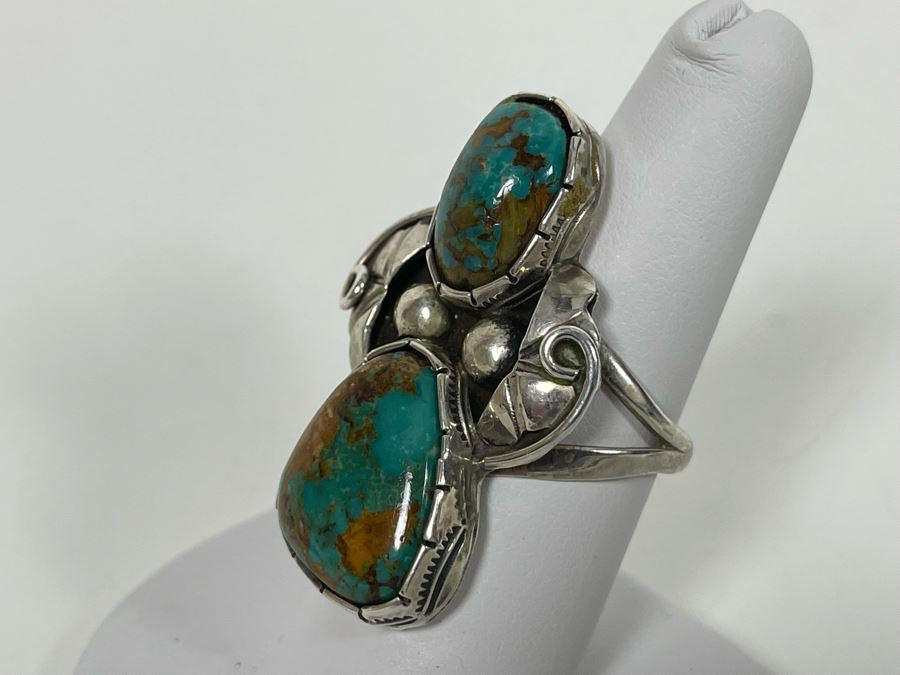 Vintage Native American Sterling Silver Turquoise 20' Necklace, 2.5W Cuff Bracelet, Ring And Matching Earrings Signed RD 201g Total Weight [Photo 8]