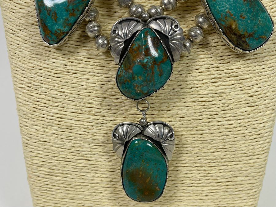 Vintage Native American Sterling Silver Turquoise 20' Necklace, 2.5W Cuff Bracelet, Ring And Matching Earrings Signed RD 201g Total Weight [Photo 32]