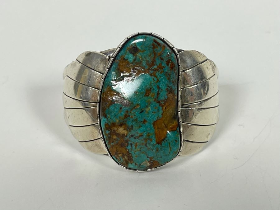 Vintage Native American Sterling Silver Turquoise 20' Necklace, 2.5W Cuff Bracelet, Ring And Matching Earrings Signed RD 201g Total Weight [Photo 18]