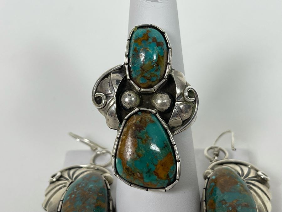 Vintage Native American Sterling Silver Turquoise 20' Necklace, 2.5W Cuff Bracelet, Ring And Matching Earrings Signed RD 201g Total Weight [Photo 5]