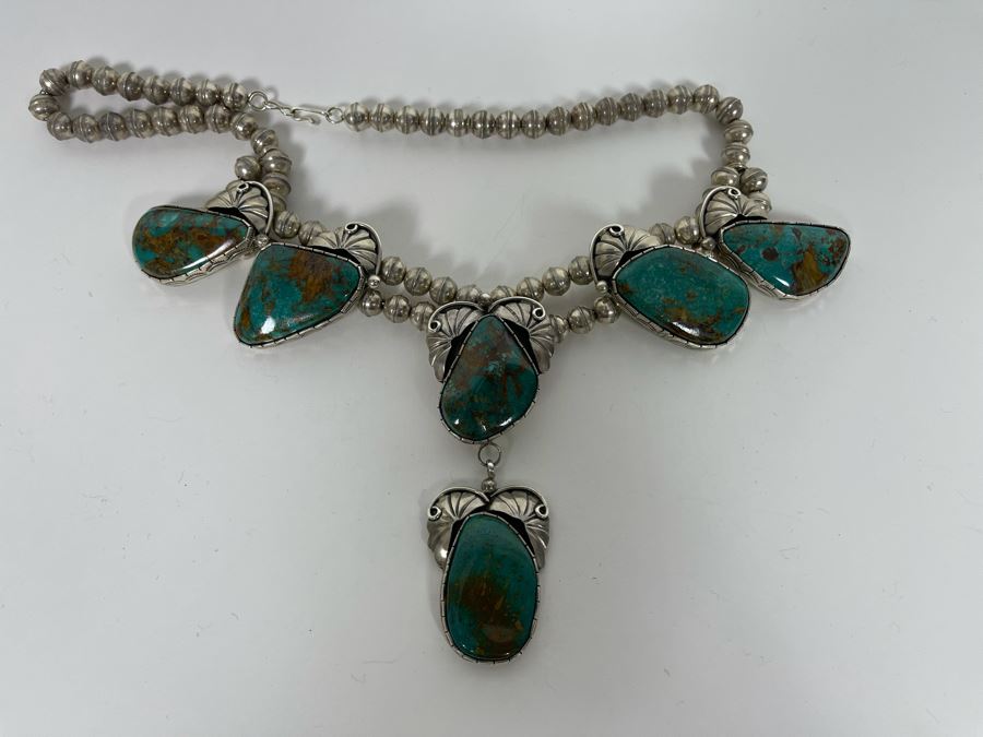 Vintage Native American Sterling Silver Turquoise 20' Necklace, 2.5W Cuff Bracelet, Ring And Matching Earrings Signed RD 201g Total Weight [Photo 40]