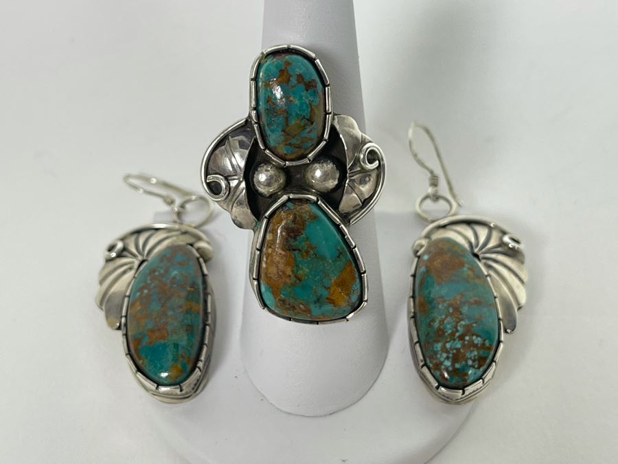 Vintage Native American Sterling Silver Turquoise 20' Necklace, 2.5W Cuff Bracelet, Ring And Matching Earrings Signed RD 201g Total Weight [Photo 3]