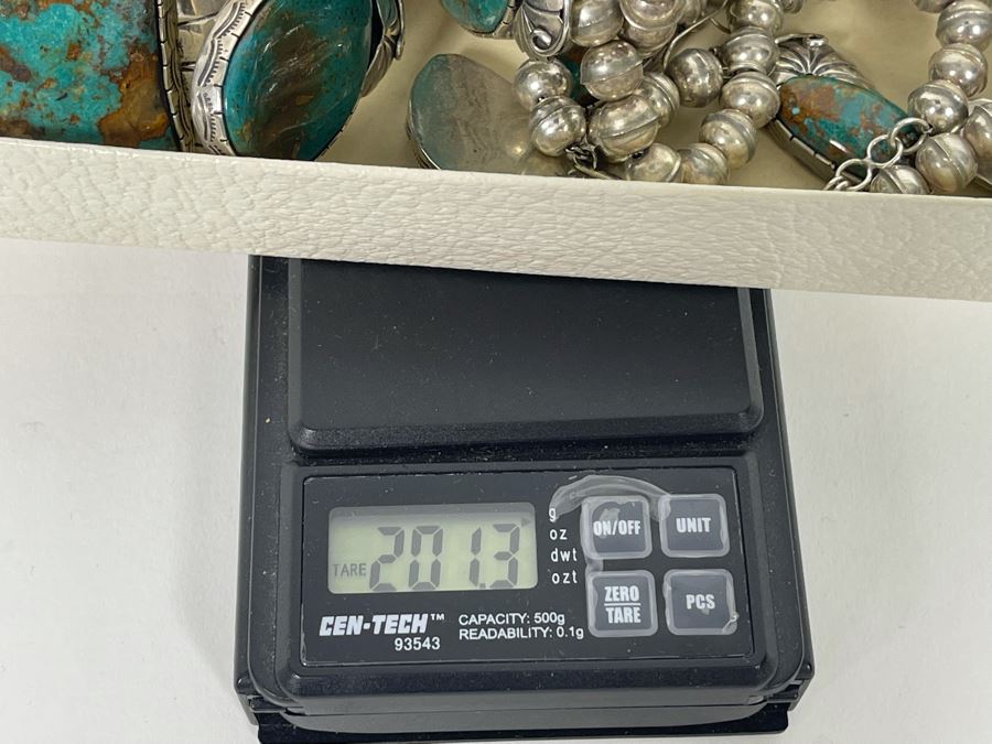 Vintage Native American Sterling Silver Turquoise 20' Necklace, 2.5W Cuff Bracelet, Ring And Matching Earrings Signed RD 201g Total Weight [Photo 15]