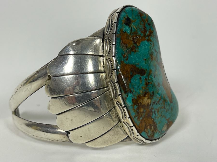 Vintage Native American Sterling Silver Turquoise 20' Necklace, 2.5W Cuff Bracelet, Ring And Matching Earrings Signed RD 201g Total Weight [Photo 22]