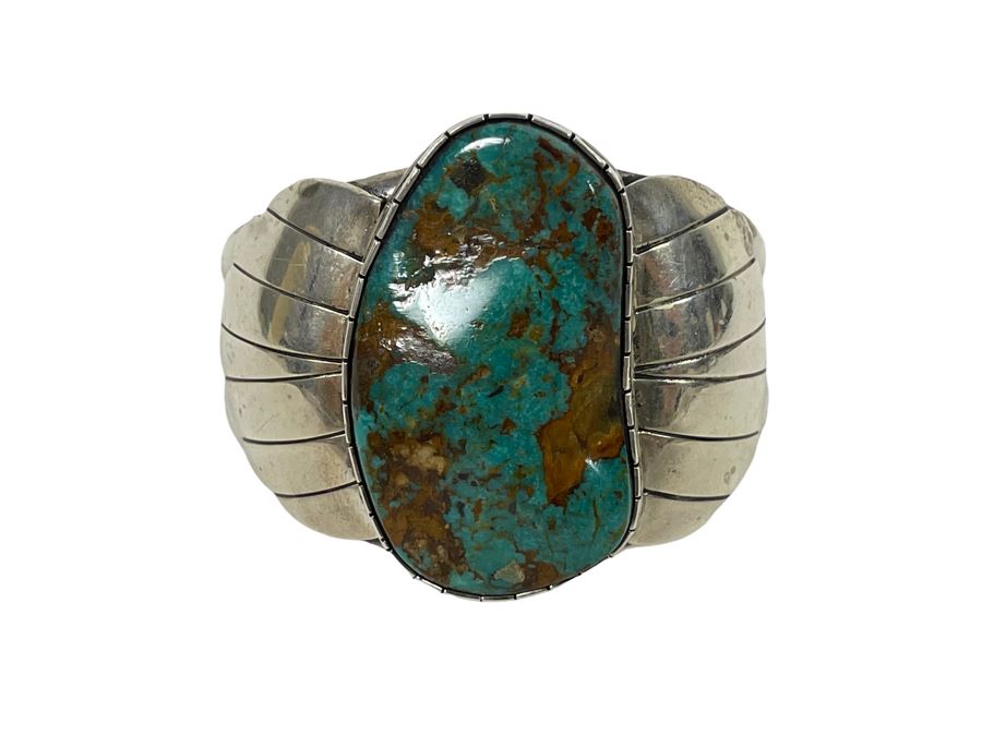 Vintage Native American Sterling Silver Turquoise 20' Necklace, 2.5W Cuff Bracelet, Ring And Matching Earrings Signed RD 201g Total Weight [Photo 27]