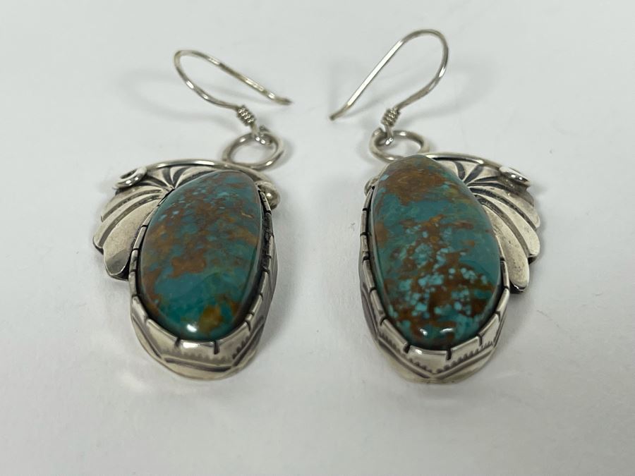 Vintage Native American Sterling Silver Turquoise 20' Necklace, 2.5W Cuff Bracelet, Ring And Matching Earrings Signed RD 201g Total Weight [Photo 11]