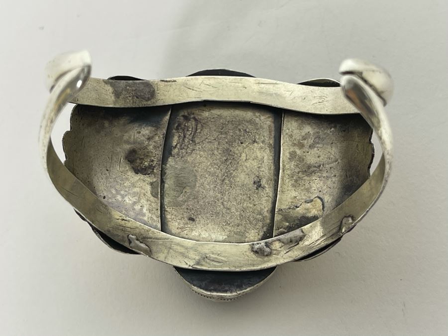 Vintage Native American Sterling Silver Turquoise 20' Necklace, 2.5W Cuff Bracelet, Ring And Matching Earrings Signed RD 201g Total Weight [Photo 24]