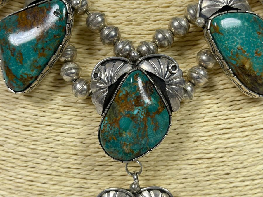 Vintage Native American Sterling Silver Turquoise 20' Necklace, 2.5W Cuff Bracelet, Ring And Matching Earrings Signed RD 201g Total Weight [Photo 33]