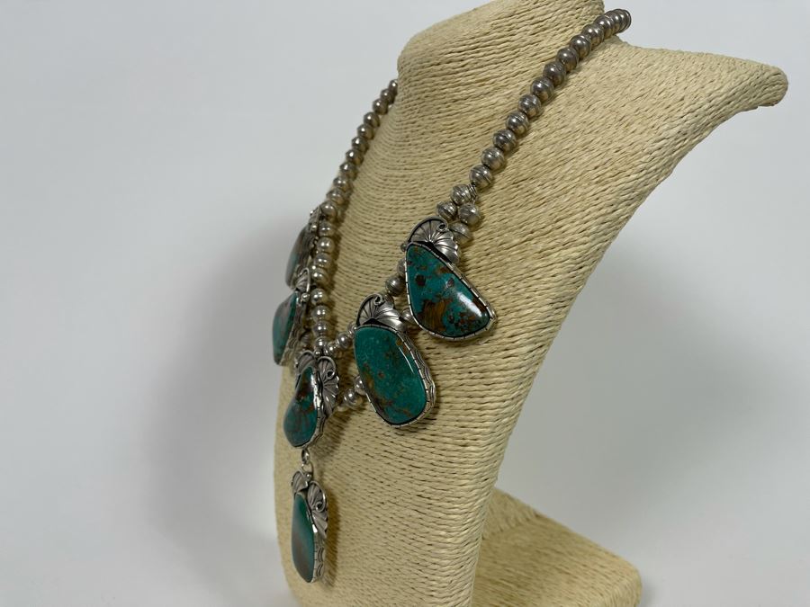 Vintage Native American Sterling Silver Turquoise 20' Necklace, 2.5W Cuff Bracelet, Ring And Matching Earrings Signed RD 201g Total Weight [Photo 35]