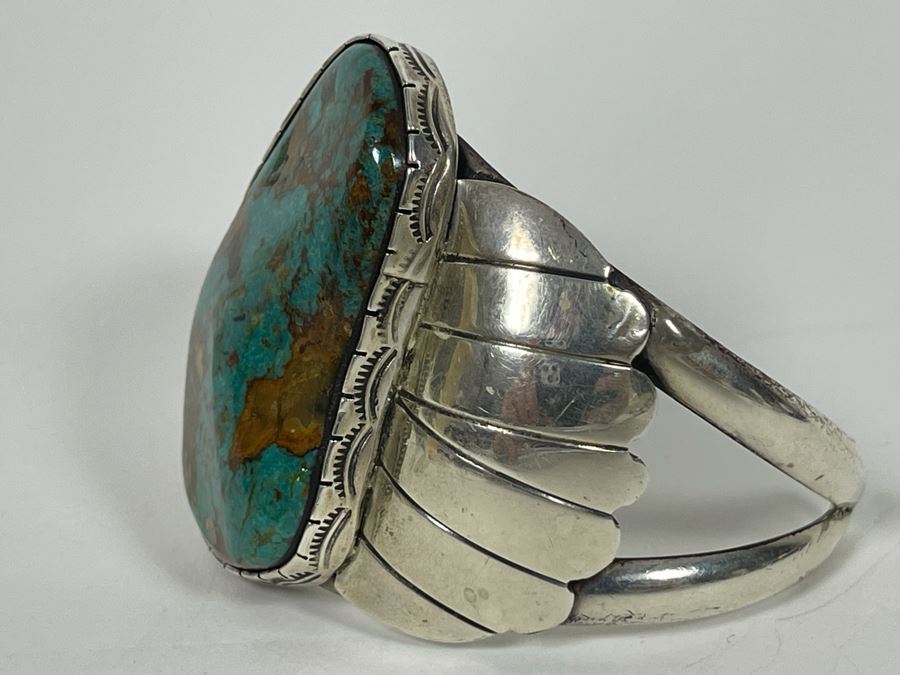 Vintage Native American Sterling Silver Turquoise 20' Necklace, 2.5W Cuff Bracelet, Ring And Matching Earrings Signed RD 201g Total Weight [Photo 19]