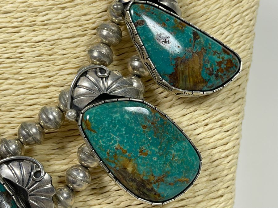 Vintage Native American Sterling Silver Turquoise 20' Necklace, 2.5W Cuff Bracelet, Ring And Matching Earrings Signed RD 201g Total Weight [Photo 34]