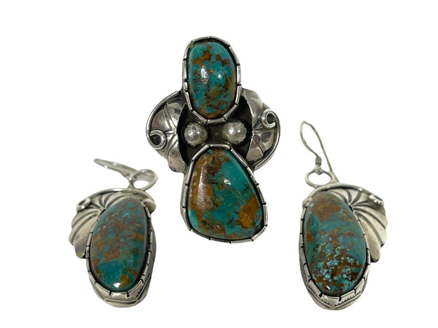 Vintage Native American Sterling Silver Turquoise 20' Necklace, 2.5W Cuff Bracelet, Ring And Matching Earrings Signed RD 201g Total Weight [Photo 2]