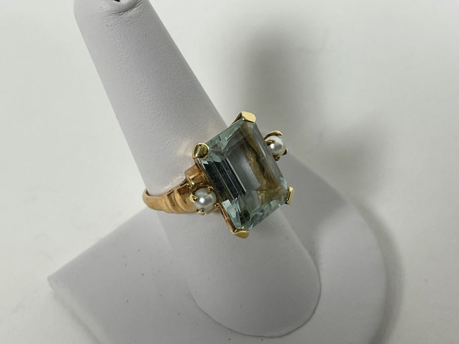 Large 14K Gold Aquamarine Emerald-Cut Stone With Pearls Ring Size 8.25 - 7g [Photo 11]
