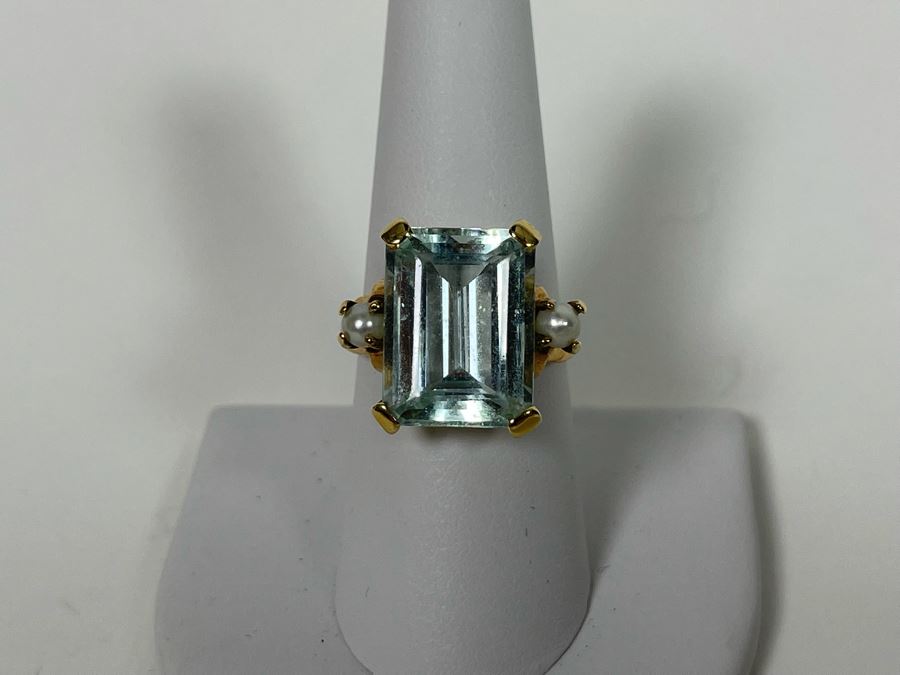 Large 14K Gold Aquamarine Emerald-Cut Stone With Pearls Ring Size 8.25 - 7g [Photo 4]