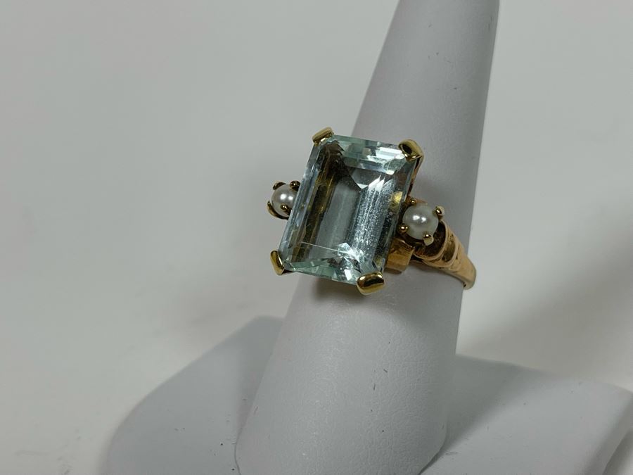 Large 14K Gold Aquamarine Emerald-Cut Stone With Pearls Ring Size 8.25 - 7g [Photo 15]
