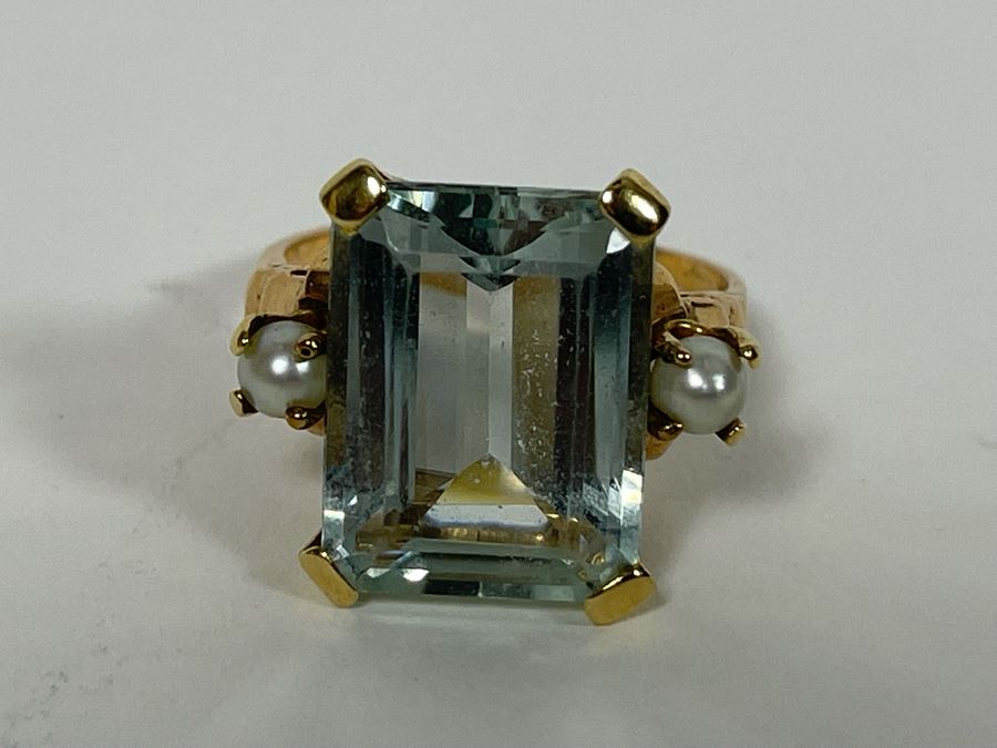 Large 14K Gold Aquamarine Emerald-Cut Stone With Pearls Ring Size 8.25 - 7g [Photo 16]